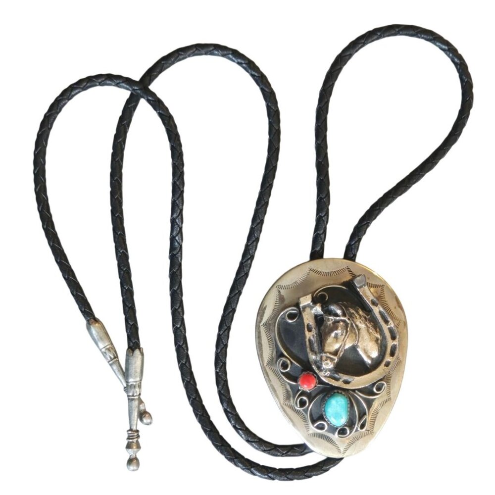 Horse Horseshoe Turquoise Coral Bolo Tie Western Rockabilly Necklace Cowboy